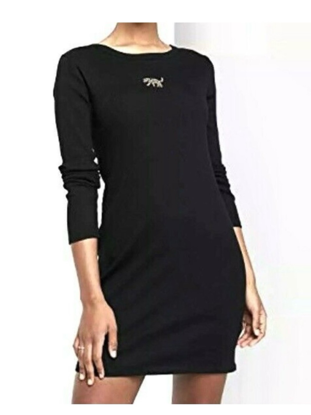 Black Long-Sleeve Ribbed Mini Dress with Embellished Leopard -